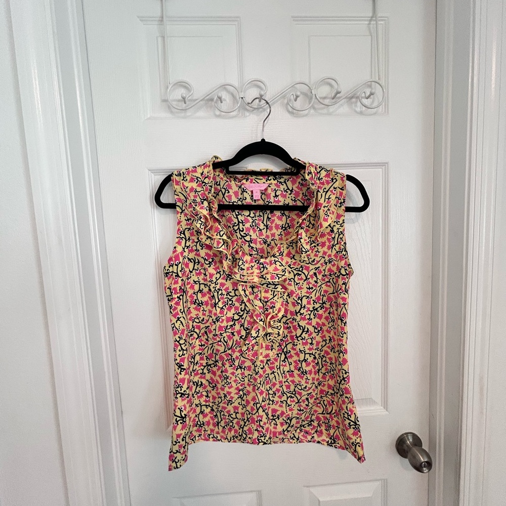 NWOT Lilly Pulitzer Pink & Yellow Tulip Print Sleeveless Blouse Ruffle Size M